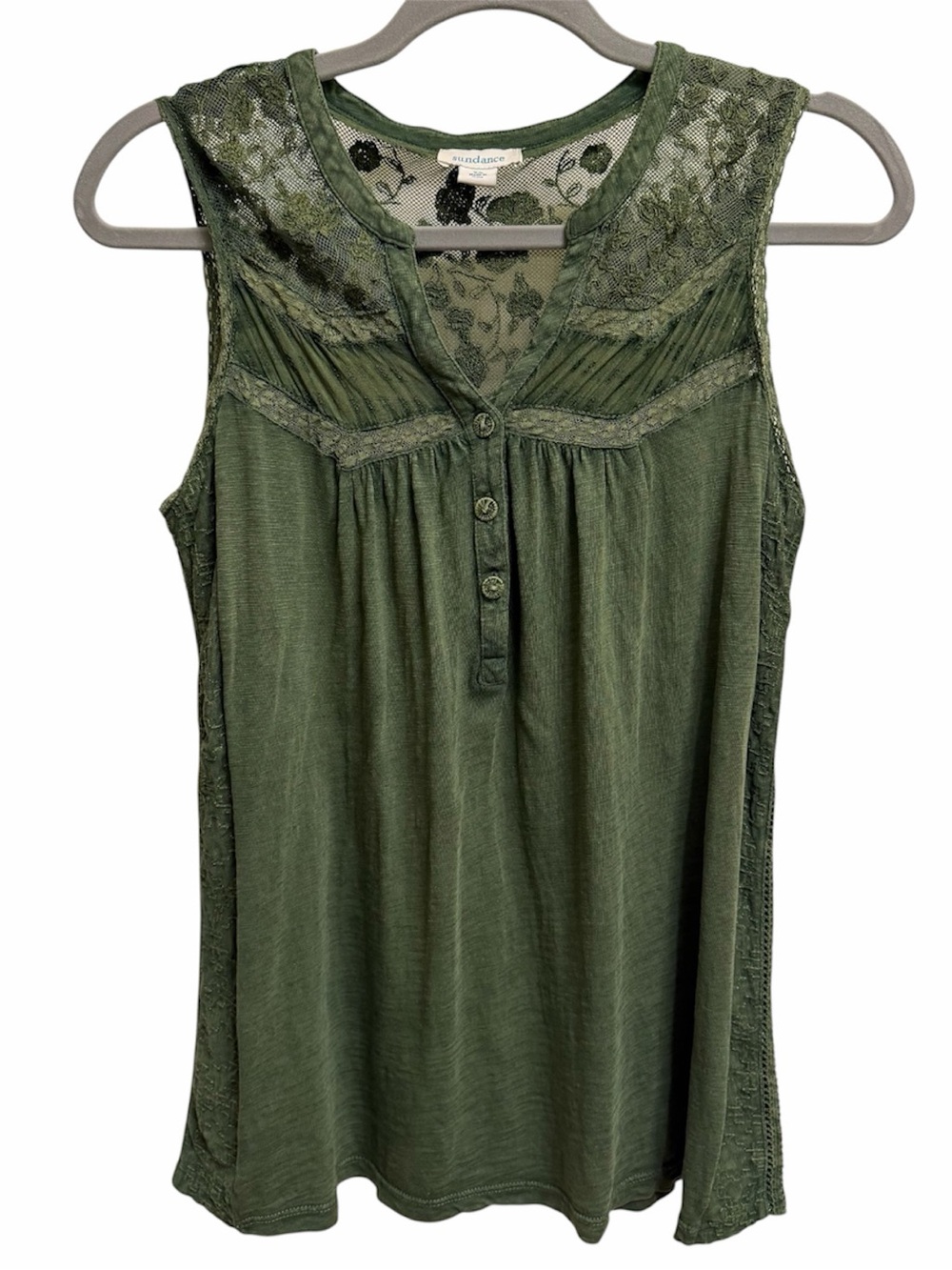 Sundance Olive Lace-Yoke Sleeveless Henley Embroidered Top Boho Romantic XS